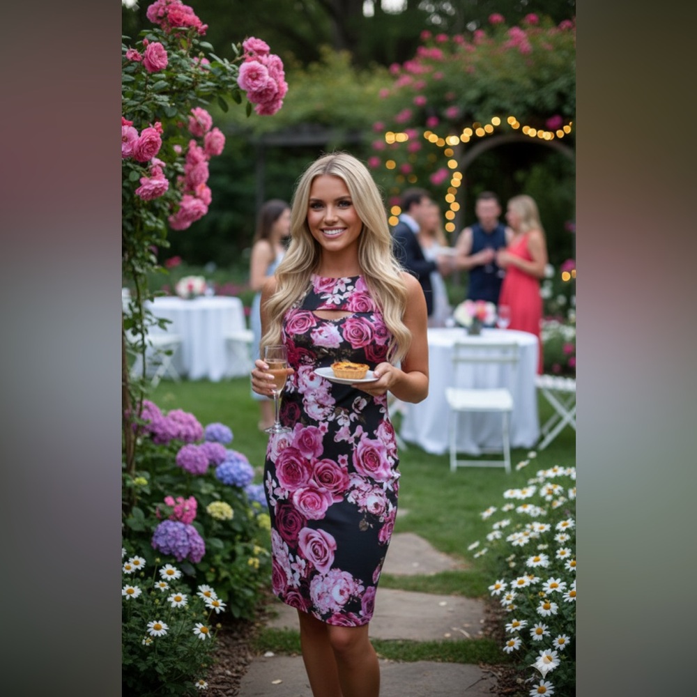 Aqua Black Pink Floral Sheath Dress Size Small